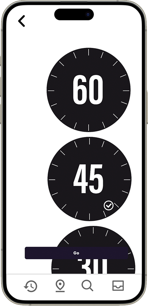 iPhone mockup showing duration selection screen with time interval options