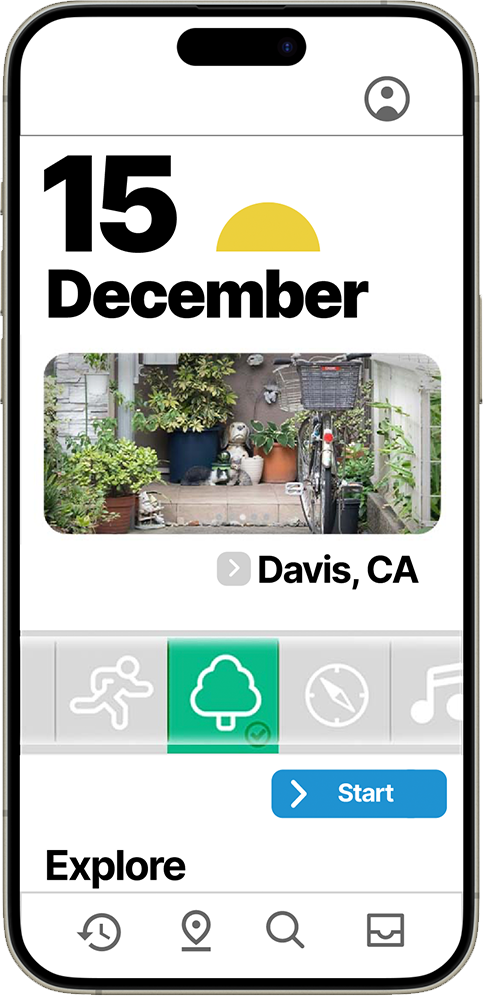 iPhone mockup showing home screen with activity type selection and location settings